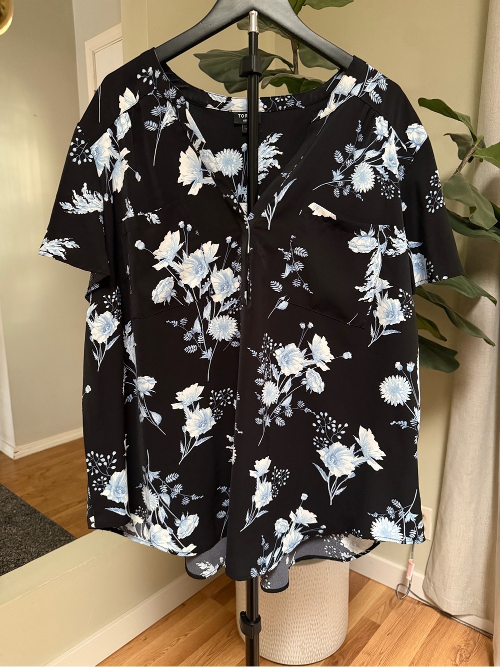 Torrid Harper -  Floral V-Neck Blouse in Black and Light Blue